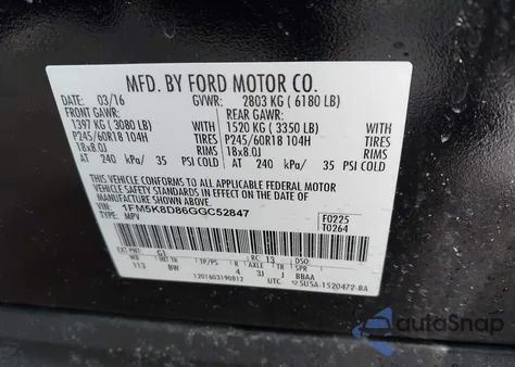 2016 Ford Explorer Xlt z USA, uszkodzony, nr VIN 1FM5K8D86GGC52847